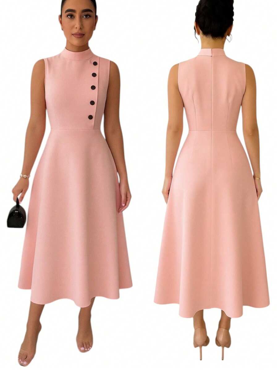 Women's Elegant Evangelical Sleeveless Midi Dress, High Neck With Side Buttons, Chic Tailoring, Casual And Party Wedding Dress - 淺粉色 - 查看 1