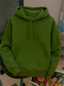 Sudadera con capucha gruesa para mujer Unitalla  con estampado , de estilo casual y sencillo, adecuada para otoño/invierno - Verde militar - Ver 2