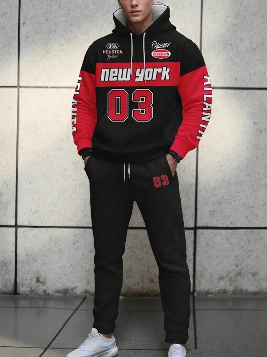 Men's Casual Versatile Letter Print Hoodie And Sweatpants Set, Autumn/Winter