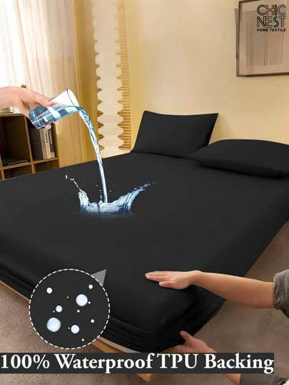 1pc 100% Waterproof TPU Backing Plain Black Fitted Sheet, Dirtyproof Mattress Protector, Mattress Cover For Bed, Bed Sheet, Soft And Breathable, For All Size Bed -Twin, Full, King, Queen Size Sheet Deep Pocket Up To 11.8 Inch Sheet Bedspread Breathable Wrinkle-Free Better For Sleep, Machine Washable Dormitory Guest Room Dustproof Skin-Friendly Back School Bedding