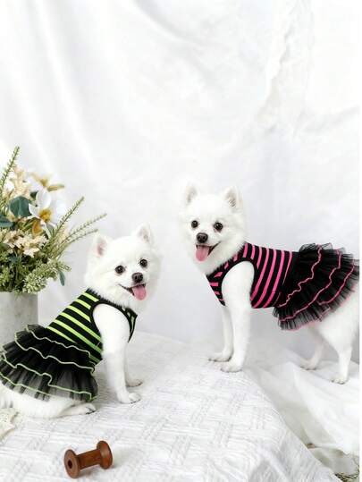 1 قطعة ملابس أليفة، ملابس قطة/كلب - فستان تول مخطط باللون الأخضر الفسفوري والوردي الأنيق، فستان زفاف