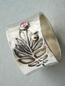 1 IBoho Retro Style Silver Carved Wide Ring With Pink Zirconia Inlay, Perfect For Daily Wear And Parties