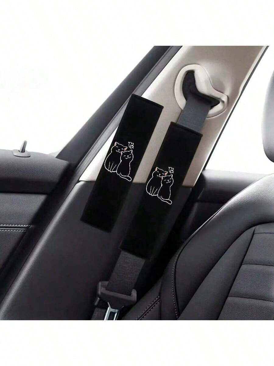 2pcs Heart-Shaped Black Cat Car Seat Belt Covers, Sweet Style, Universal Fit, Soft Polyester Material, Fashionable Car Interior Accessory, Multi-Functional Protector, Best Halloween And Christmas Gift For Friends And Family