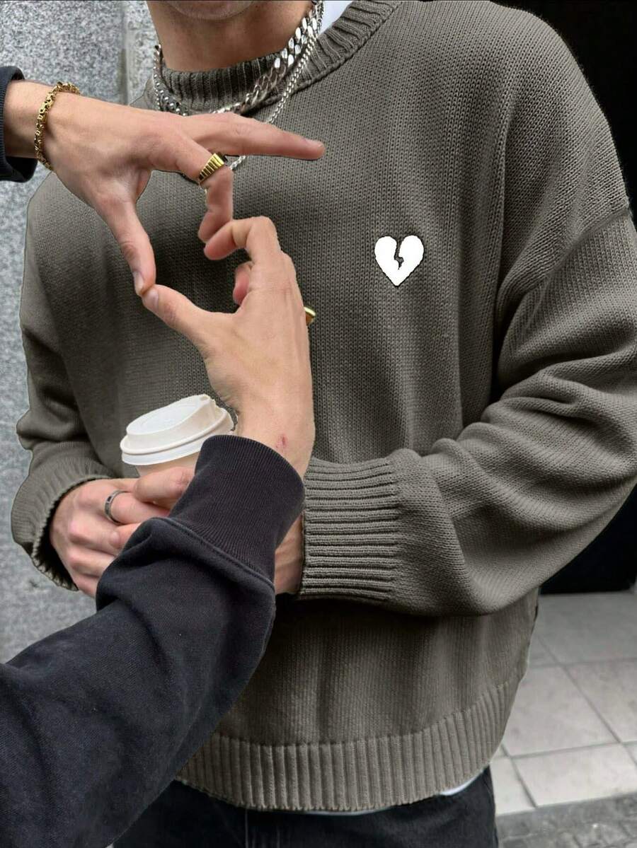 ANDREILEE 休闲修身长袖圆领毛衣，宽松时尚落肩套头衫，饰有刺绣心形图案，适合春、秋、冬季穿着。 - 灰色 - 查看 1