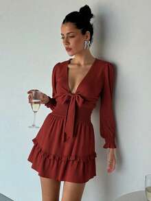 Vestido de Manga Longa com Cintura Franzida, Bainha em A-Line, Cor Sólida, Casual Boêmio para Férias, Festa, Outono/Inverno