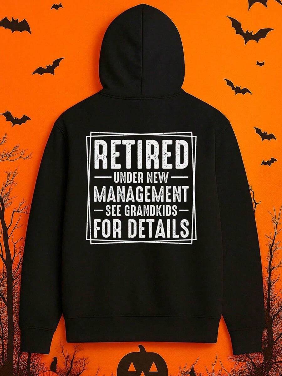 1pc Men'S Funny Retirement Graphic Hooded Sweatshirt - Retired Under New Management Slogan & Grandkids Design, Casual Streetwear Pullover, Long Sleeve Regular Fit Black Hoodie For Retirees, Funny ,Fall Hoodies,Men's Fall Clothes,Street Wear,Halloween,Mens Hoodies,Y2k Clothes,Jesus Hoodie,Thanksgiving Day,Nightmare Before Christmas,Christmas - 黑色 - 查看 1