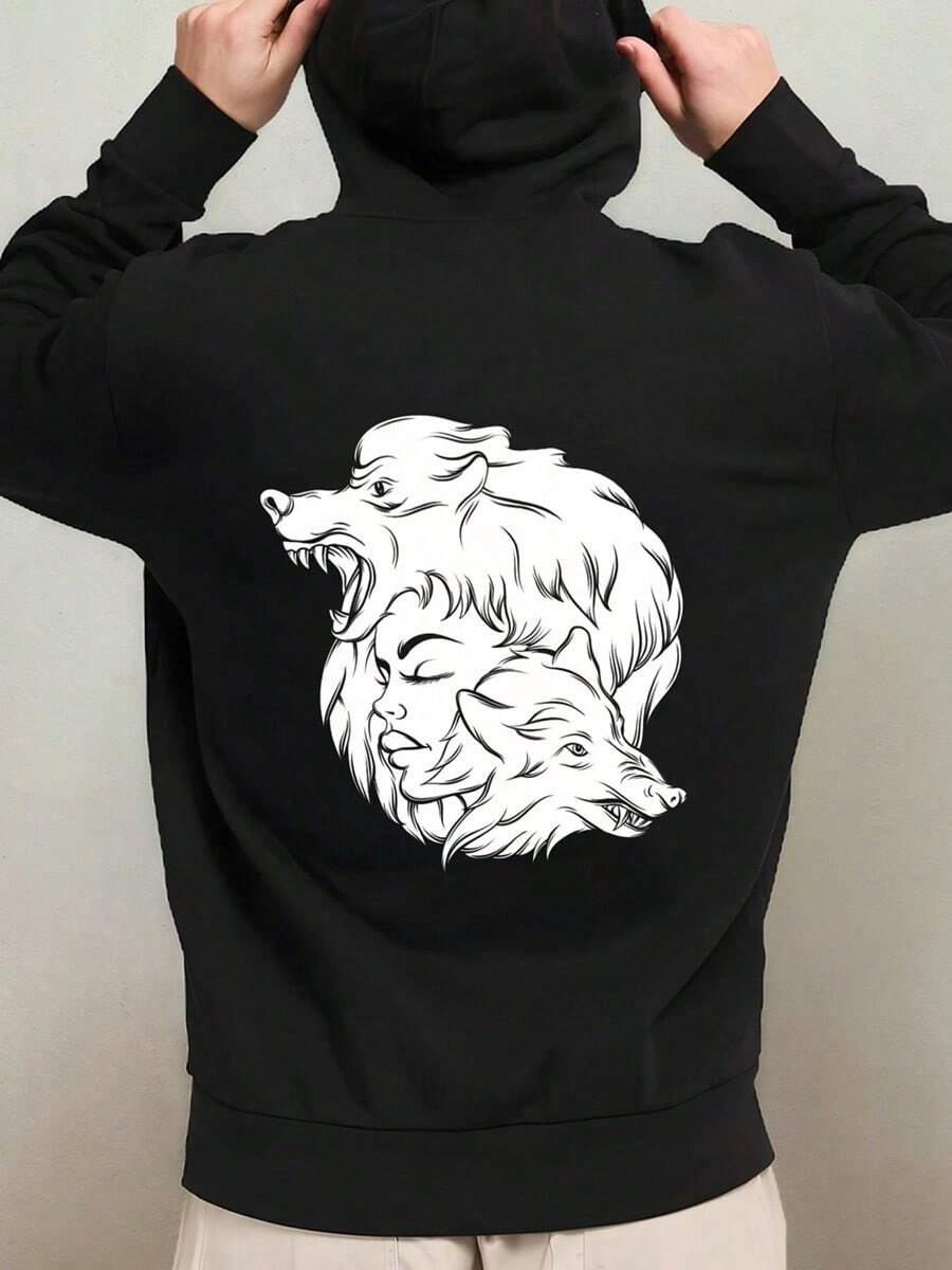 1pc Men'S Gothic Wolf & Skull Graphic Hooded Sweatshirt - Black Streetwear Pullover With White Wolf Head Print, Durable Polyester All-Season Casual Hoodie For Gym, Halloween & Casual Attire, Regul,Fall Hoodies,Men's Fall Clothes,Street Wear,Halloween,Mens Hoodies,Y2k Clothes,Jesus Hoodie,Thanksgiving Day,Nightmare Before Christmas,Christmas - màu đen - Xem 1