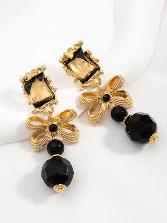 1 对优雅复古法式浪漫小众设计黑色蝴蝶结复古奢华夸张耳环