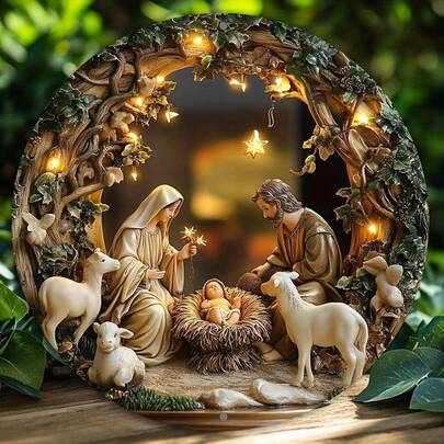 1pc, 8x8 Inch Round Vintage Metal Aluminum Nativity Scene Sign, Classic 2D Flat Print, Wall-Mounted Decor For Bar, Kitchen, Coffee, Home, Living Room, Office, Party, Christmas Gift, No Power Required