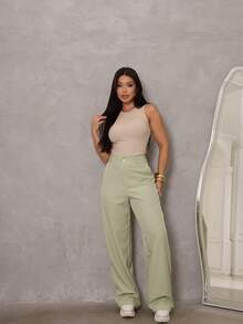 High-Waisted Tailored Wide-Leg Pants – Elegance And - Mint Green - View 3