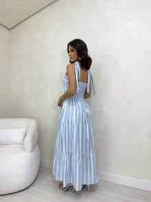 15 Striped All-Over Print Ruched Fabric Ruffle Hem Wedding Dresses - Baby Blue - View 2