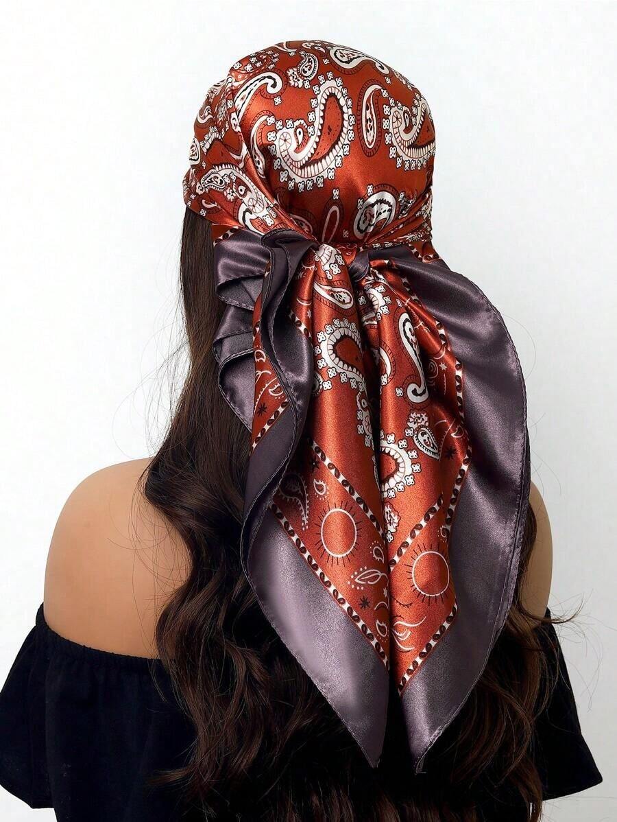 1pc Women's 90cm Luxury Printed Scarf/Headscarf, Fashion Square Scarf, Soft Polyester, Versatile Accessory For Casual Outfits, Suitable For All Seasons, Elegant Neck Wrap And Headband, Ideal For Daily Wear And Special Occasions - Nâu hạt điều - Xem 1