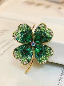 "Exquisite Four-Leaf Clover Brooch For Women, High-End Sparkling Green Suit Pin, Elegant Lucky Clover Pin Accessory For Formal & Casual Outfits" - màu xanh lá - Xem 5