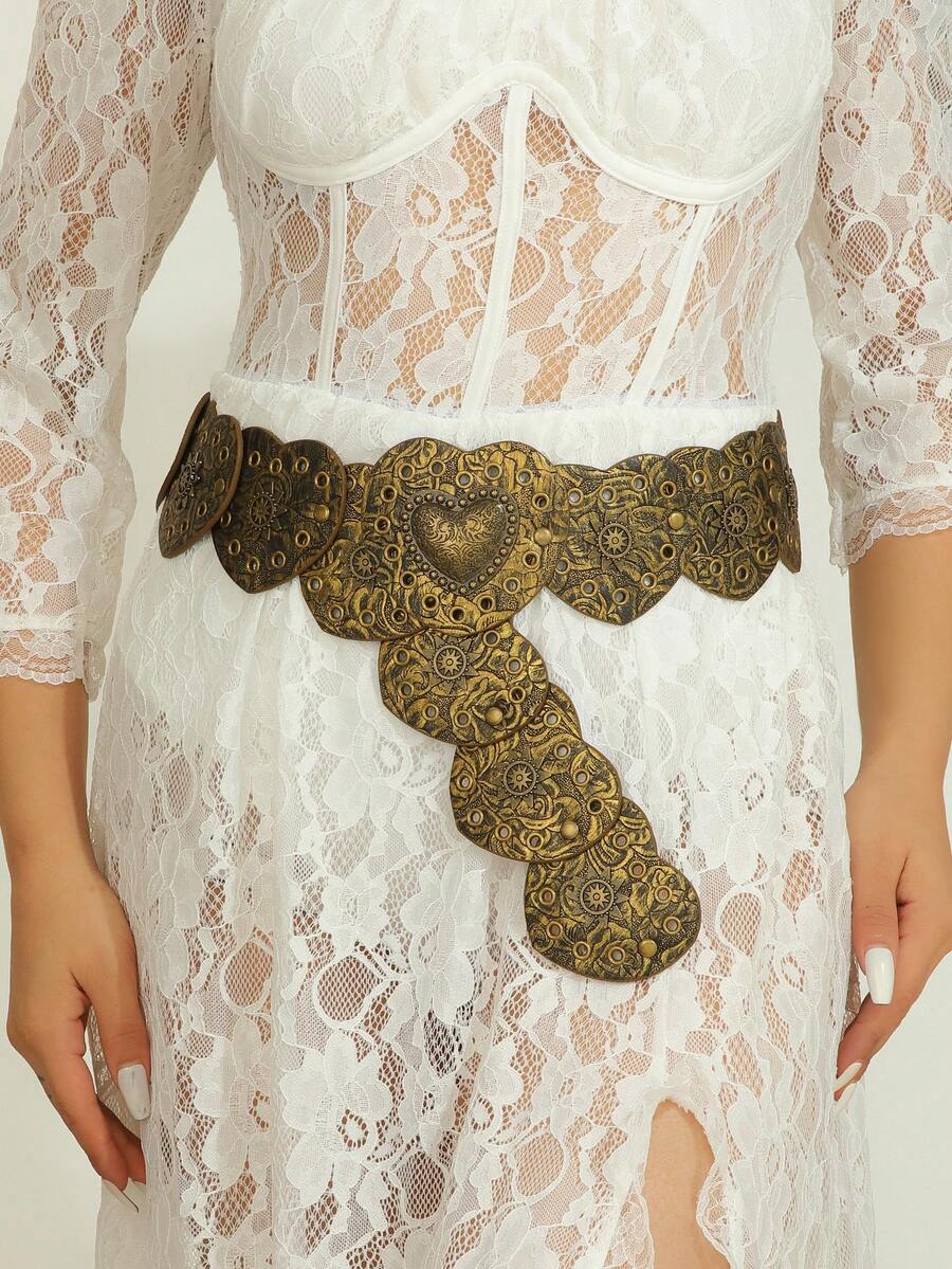 1pc Women's Distressed Western Style Embossed Heart Buckle Waist Belt, Y2K Accessories, Bohemian Vintage PU Leather, Suitable For Daily Wear