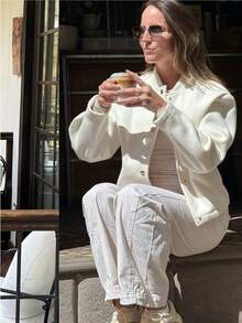 女士夹克秋装上衣冬季外套女长袖上衣秋冬纽扣夹克街头服饰白色外套女士校队夹克 - 白色 - 查看 5