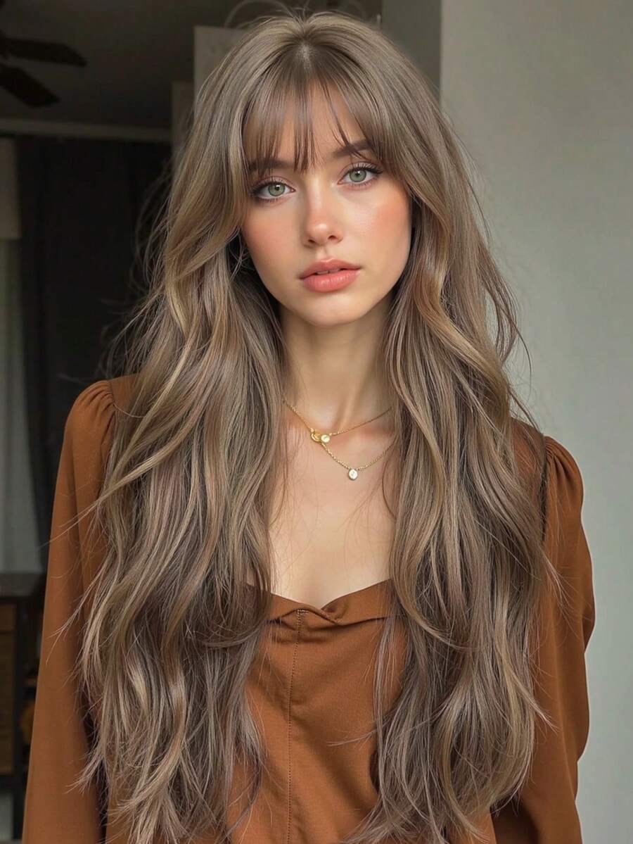 28 Inch Brown Wig Long Curly Wig With Bangs Natural Appearance Heat-Resistant Synthetic Wig Suitable For Fashionable Women,Daily Party Holiday Travel Use, Natural And Realistic False Hairpiece For Halloween And Christmas New Year Carnival Music Festival Cosplay ,Gifts For Girls,Summer Graduation Gifts,Ready-Made Gifts,Halloween Christmas Gifts - 棕色 - 查看 1