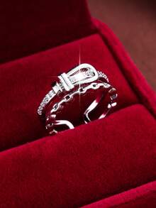 1pc Adjustable Leather Belt Buckle Design Artificial Zirconia Women Ring