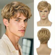 Short Brown Wigs For Men Curly Layered Natural Looking Side Part Hair Heat Resistant Synthetic Wigs With Wig Cap