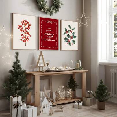 3 Stücke Weihnachts-Wandkunst Bild Holly Beeren Blätter Drucke Leinwand Gemälde Fröhliche Weihnachten Winter Poster Minimalistisch Botanisch Weihnachtsdekoration für Wohnzimmer Schlafzimmer Büro Raumdekoration Ungerahmt