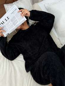 Dreamivo 2 件套简约羊毛睡衣套装，秋冬保暖纯色圆领上衣和松紧腰裤，女士睡衣 - 黑色 - 查看 4