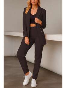 Elegante conjunto de traje liso de manga larga con cuello chal y doble botón para mujer, con bolsillos, para oficina y trabajo. - Negro - Ver 3
