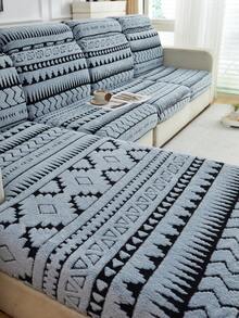 1pc Soft Plush Fabric Pet Proof Sofa Seat Cover, Bohemian Style, Multi-Shape, Multi-Color, Jacquard Plush Upholstery, Colorful Blue & Black, Thick Jacquard Plush Sofa Cushion Cover Suitable For Backrest/1/2/3/4/Chaise Lounge Sofa In Autumn/Winter