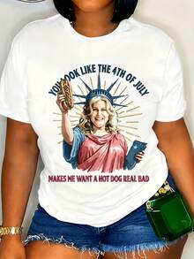 Funny 4th Of July T-Shirt Women's Liberty Statue Hot Dog Patriotic Graphic Tee For Independence Day Celebration - 白色 - 查看 1