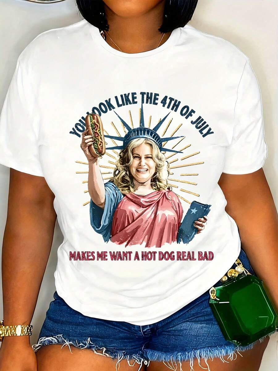 Funny 4th Of July T-Shirt Women's Liberty Statue Hot Dog Patriotic Graphic Tee For Independence Day Celebration - 白色 - 查看 1