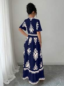 Mujeres Vintage Impreso Cuello en V Cintura Cincha A-Line Hem Vestidos,vestidos elegantes para dama - Azul Marino - Ver 2