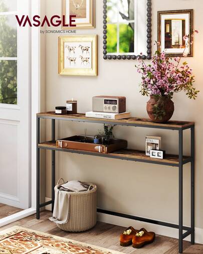 VASAGLE Console Table For Hallway, 2-Tier Slim Sofa Table, 20 X 120 X 80 Cm, Hallway Table With 2 Shelves, For Living Room, Bedroom, Rustic Brown And Ink Black