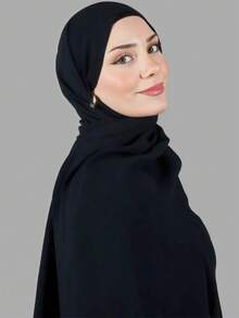 1pc Women's Simple Classic Solid Color Elegant Casual Edged Scarf, Premium Knit Fabric Viscose Jersey Hijabs Scarf, Long Turban Style Headscarf, Suitable For Daily Life, Outings And Gatherings - Black - View 3