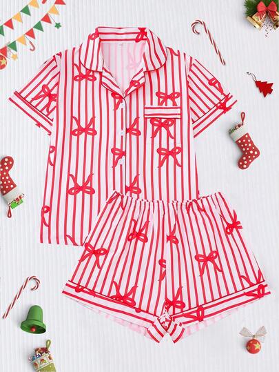 2 件圣诞红条纹蝴蝶结印花女式睡衣套装，短袖翻领开衫上衣和宽松弹力短裤，女士休闲睡衣和家居服套装，适合所有季节