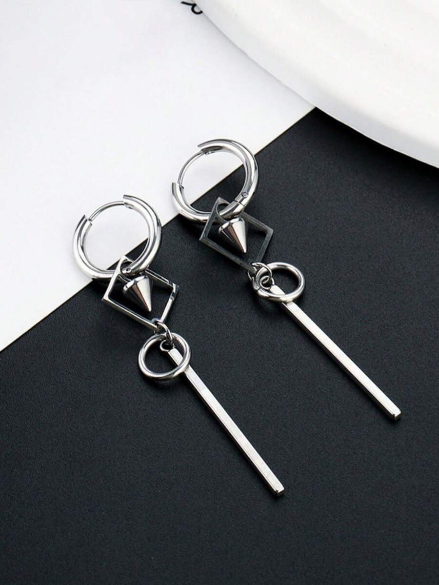 1pc Men's Unique Geometric Design Long Earring - Silver - View 1