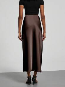 Se-Helo Fashion Women's Elastic Satin Finish Maxi Skirt - Dark Coffee