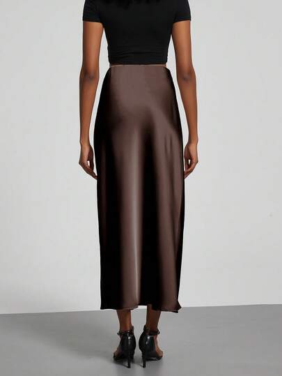 Se-Helo Fashion Women's Elastic Satin Finish Maxi Skirt - Dark Coffee Spring