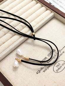 قلادة عنق من الجلد متعدد الطبقات مع قلادة اللؤلؤ، قلادة طويلة، قلادة متداخلة حلوة وجذابة، مناسبة للارتداء اليومي