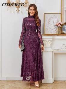优雅紫色亮片串珠连衣裙，蕾丝长袖晚礼服，适合圣诞节、新年、感恩节、派对、婚礼、情人节等场合。 - 紫色 - 查看 7
