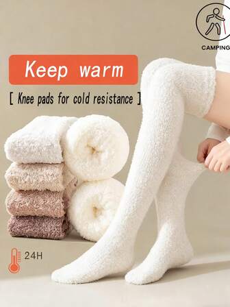 Kvinnors knähöga fuzzysockor mjuka långa lårhöga varma strumpor mysiga toffelplyschstrumpor