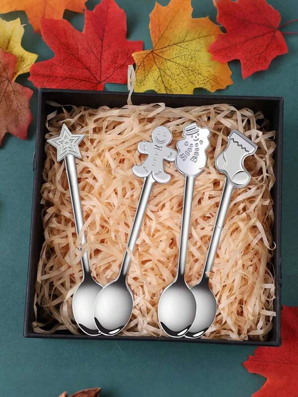 4pcs Christmas Coffee Spoons, Creative Stainless Steel Stirring Spoons, Bulk Soup Desserts, Christmas Teaspoons, Christmas Coffee Dinner Forks, Dessert Stirring Ice Cream Spoons, Creative Tableware Gifts, Holiday Parties,4 Styles (Silver)