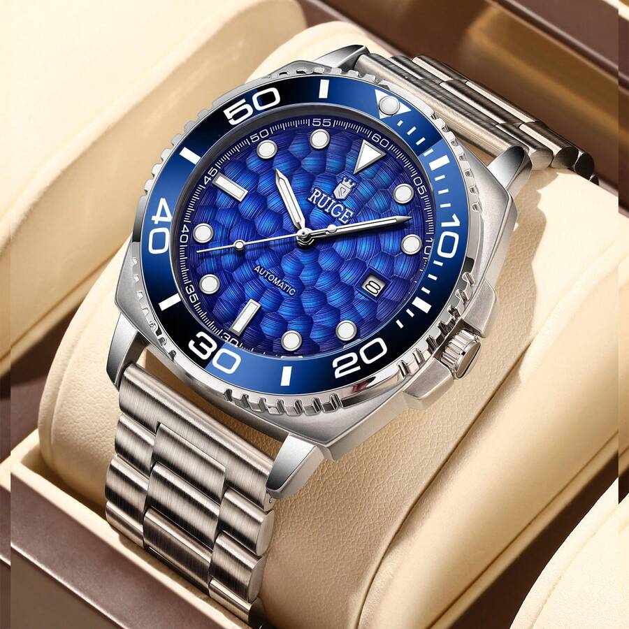 Relógio mecânico automático masculino RUIGE com pulseira de aço inoxidável, estilo empresarial e esportivo, calendário e visor luminoso - um presente de relógio azul perfeito para homens
