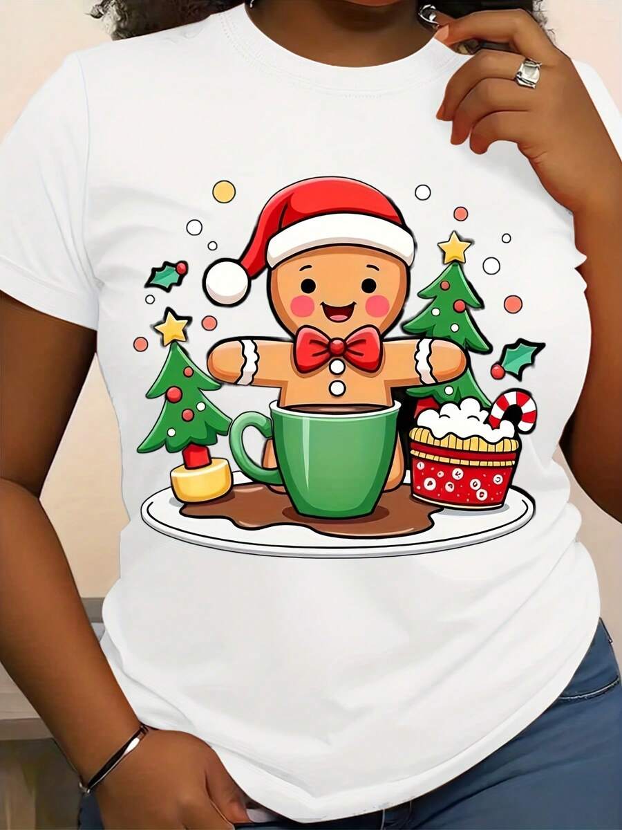 Women's Holiday Graphic T-Shirt - Short-Sleeved Crew Neck Casual Top With Santa Claus And Christmas Tree Pattern, Perfect For All Seasons, A Christmas Shirt.