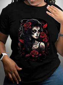 Women's Mexican Folk Art Catrina Sugar Skull T-Shirt - 100% Cotton, Black And Red Floral Print, Crew Neck, Short Sleeve Top, Women's Day Of The Dead Shirt, Women's Halloween T-Shirt, Skull Shirt.