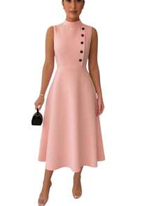 Women's Elegant Evangelical Sleeveless Midi Dress, High Neck With Side Buttons, Chic Tailoring, Casual And Party Wedding Dress - 淺粉色 - 查看 2