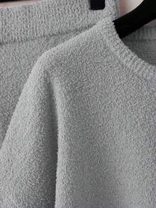 Bộ đồ nữ áo len dài tay cổ tròn trễ vai màu trơn và quần ống rộng, thu/đông - Xám - Xem 5