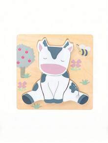 1 Pc Natural Wood Animal Puzzle Toy Set Cow Duck Lamb Rabbit Shape Educational Learning Game For Children Kids Classroom Bedroom Play Birthday Gift