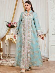 SISKAKIA Đầm dệt họa tiết lá cây sang trọng, đính sequin và thêu ghép mảnh, thích hợp cho kỳ nghỉ, đi học, công sở, hẹn hò, mọi mùa xuân. - màu xanh lá - Xem 3