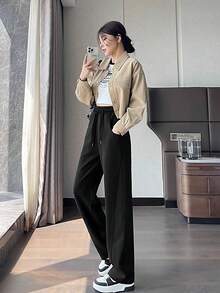 女款黑色简约Y2K街头风格宽松休闲日常通勤时尚韩版学生直筒抽绳腰阔腿裤
