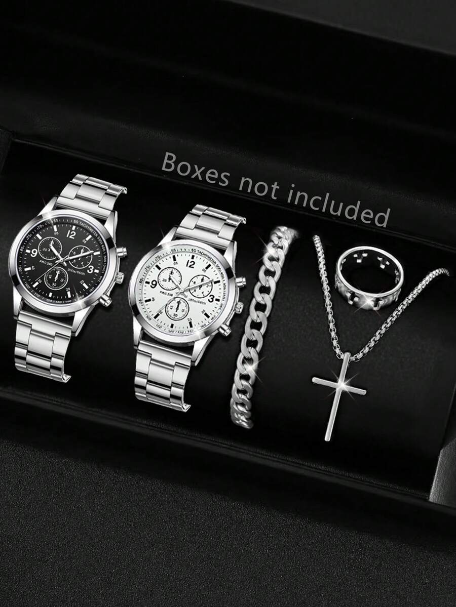 5pcs/Set Men's Steel Band Fashion Casual Classic Three-Eye Business Quartz Watch, Bracelet, Cross Necklace, Ring Jewelry Set, Suitable For Daily Wear Or As Holiday Gift For Friends And Fathers - Silver - View 1