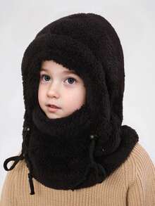 1个纯色儿童毛绒耳罩，带帽子，适合保暖和日常旅行 - 毛絨套頭帽 - 查看 2