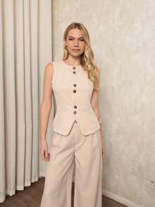 Women's Tailored Set Wide Leg Pant With Vest Elegant Casual Plain Social Simple Button Pocket Plain Women's Suit, High-Waisted Straight Casual Pants, V-Neck Cardigan, Sophisticated Look, High Quality, Modern Look, Versatile Piece, Elegant Style, Two-Piece Set, Casual Chic Look, Comfortable And Stylish, Skirt With Pockets, Elastic Waistband, Eye-Catching Piece, Perfect For Spring And Summer, Blogger Style, Casual And Formal, Suitable For All Occasions, Elegant And Fresh, Feminine Look, Summer 2025 Collection. - 米色 - 查看 2
